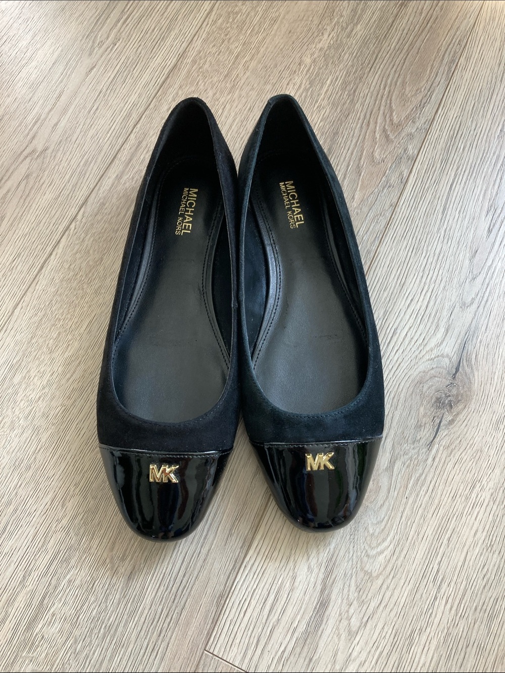 Michael Kors Black Suede & Patent Leather MK Logo Flats - NEW